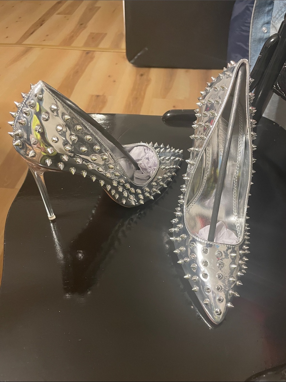 Silver Spike Studded Pointed-Toe High Heels